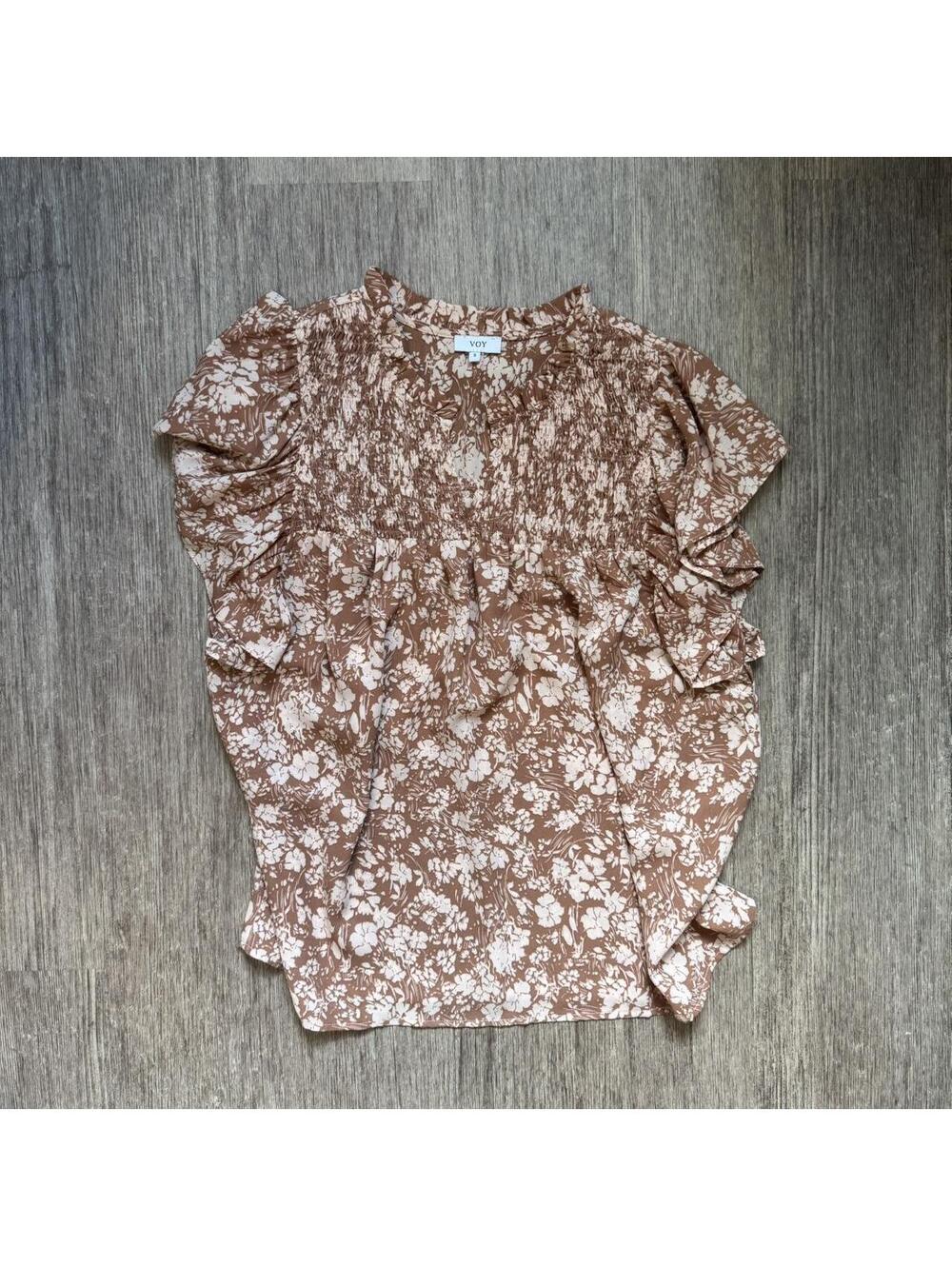 Voy Brown and Cream Floral Smocked Blouse Size S